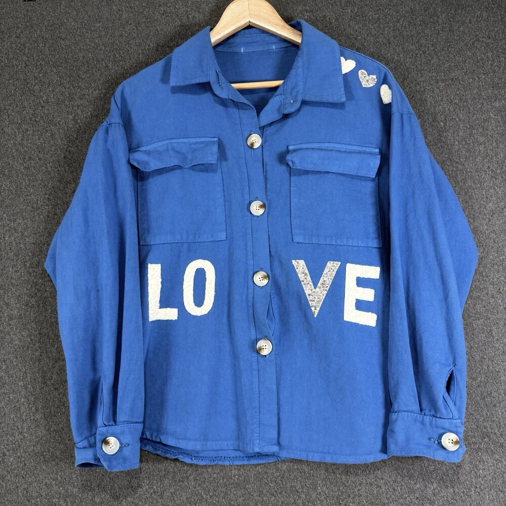 Womens Royal Blue LOVE Sequin Heart Shacket Cotton Stretch Made in Italy